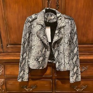 IRO cropped leather bold snakeskin classic moto jacket.